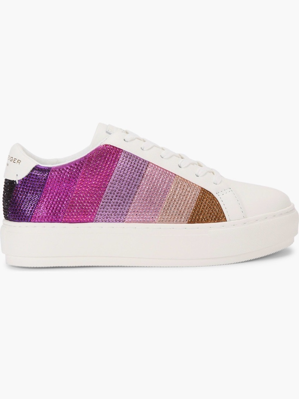 Kurt Geiger White Platform Sneakers with Pink-Purple to Bronze Crystal Stripe - Picture 4 of 4